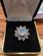 Silver sun moonstone ring